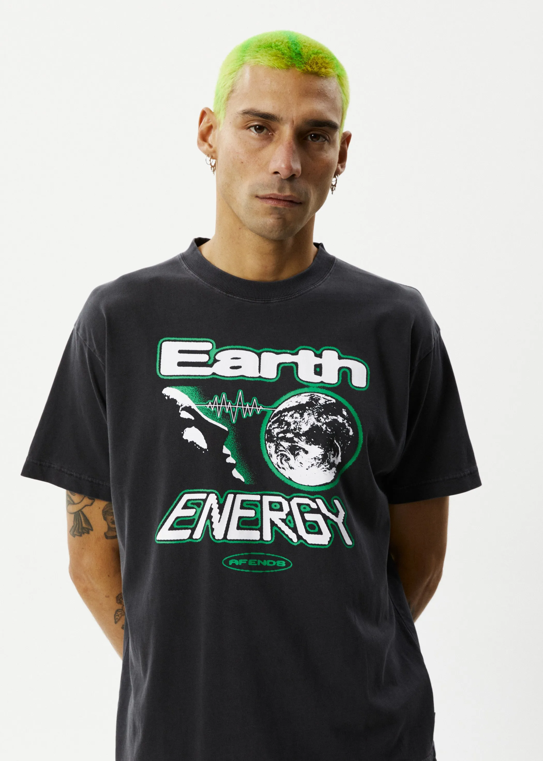 AFENDS Mens Earth Energy - Boxy Fit Tee - Stone Black