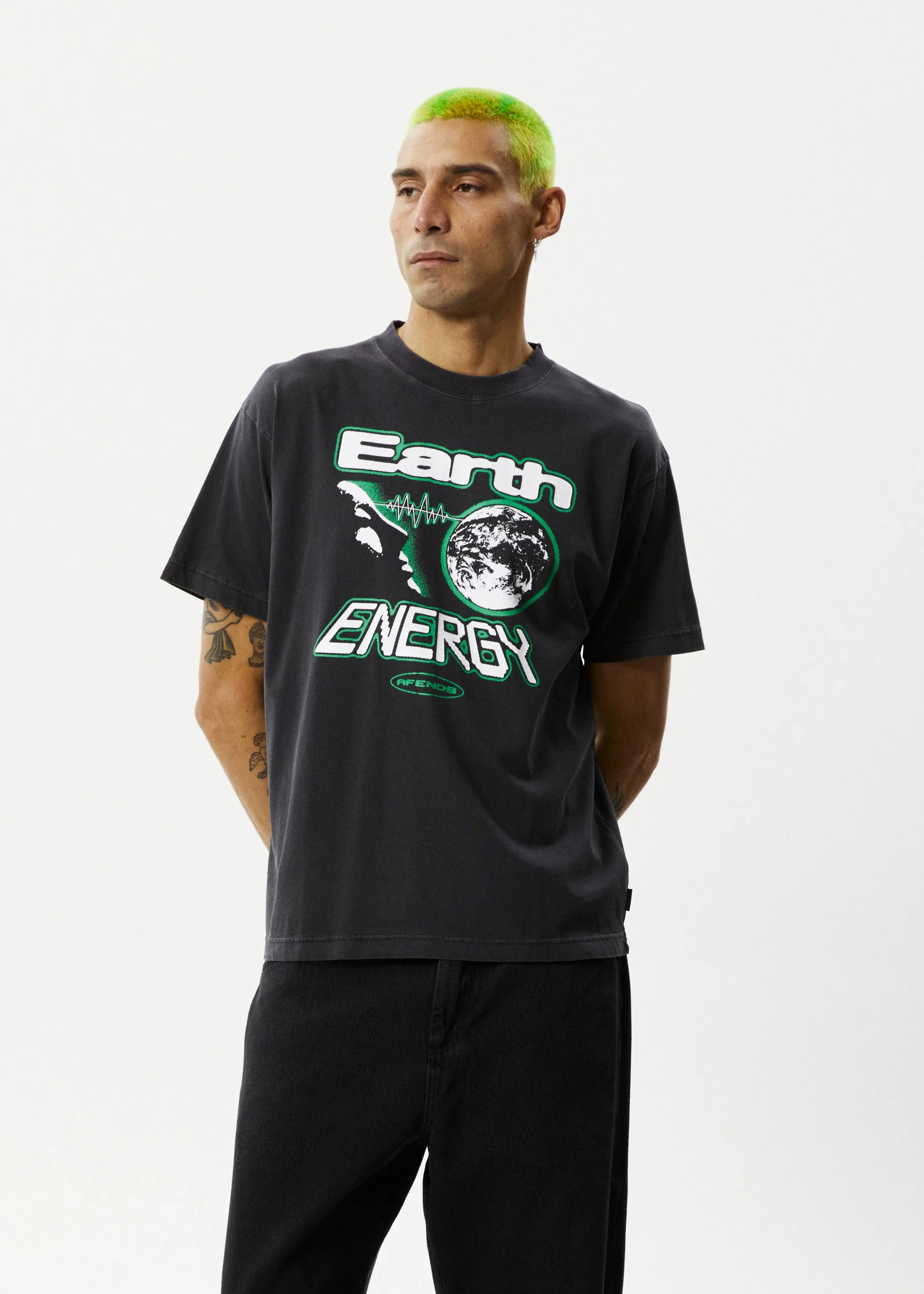 AFENDS Mens Earth Energy - Boxy Fit Tee - Stone Black