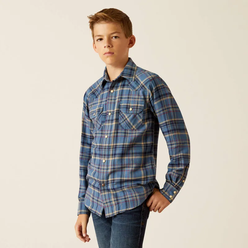 Ariat Boy's Huntley Copen Blue Plaid Retro Fit Long Sleeve Western Shirt 10052636