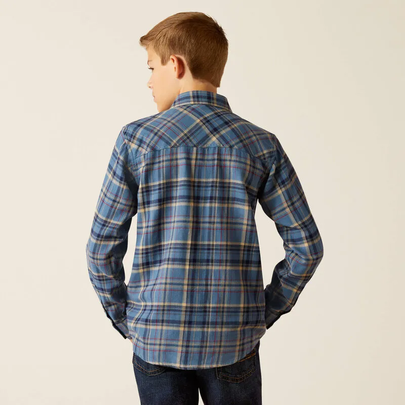 Ariat Boy's Huntley Copen Blue Plaid Retro Fit Long Sleeve Western Shirt 10052636