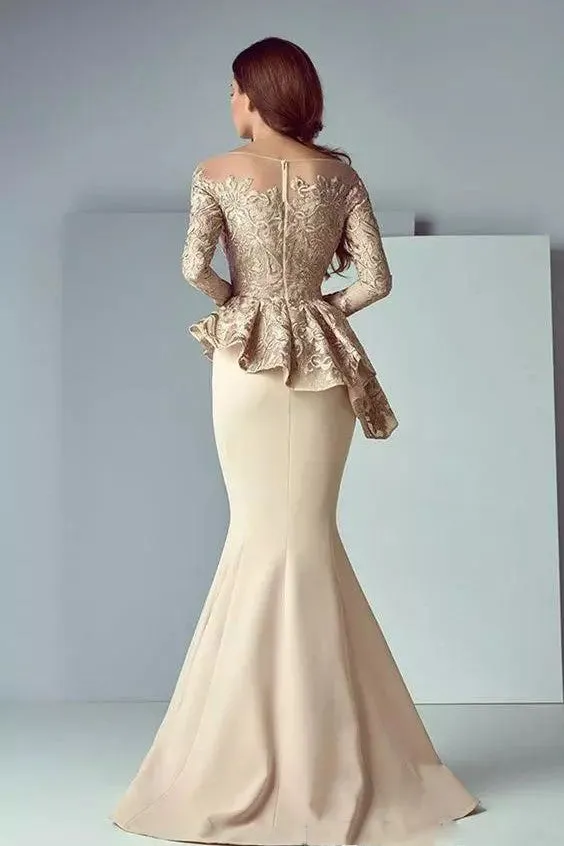 Bateau Mermaid Floor-length Long Sleeve Satin Lace Mother of the Bride Dress with Zipper Back-107825