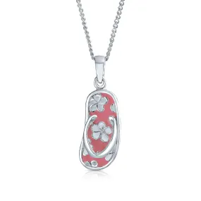 Beach Flip Flop Sandal Pink Pendant CZ .925 Sterling Silver Necklace