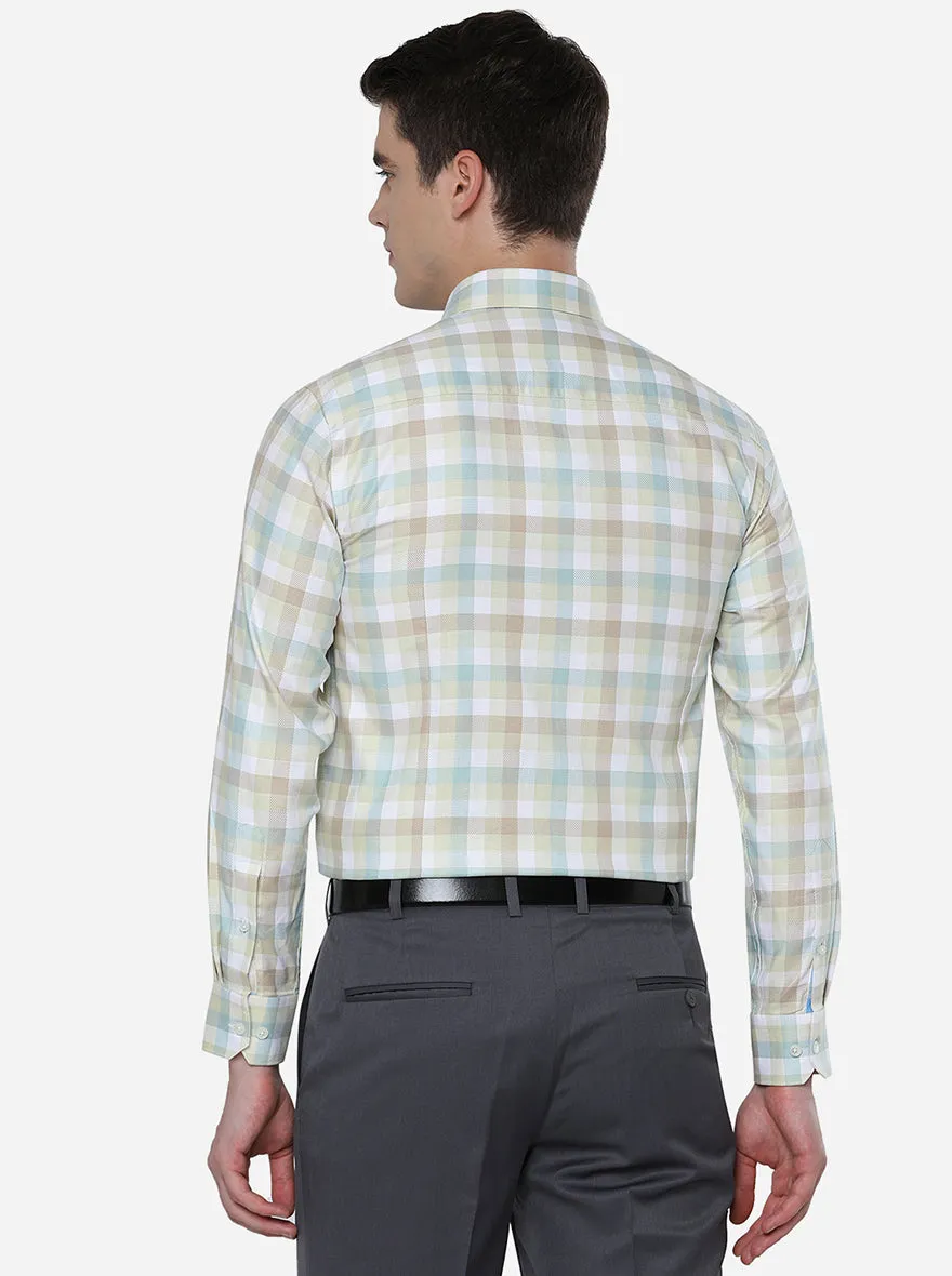 Beige & Green Checked Slim Fit Formal Shirt | JadeBlue