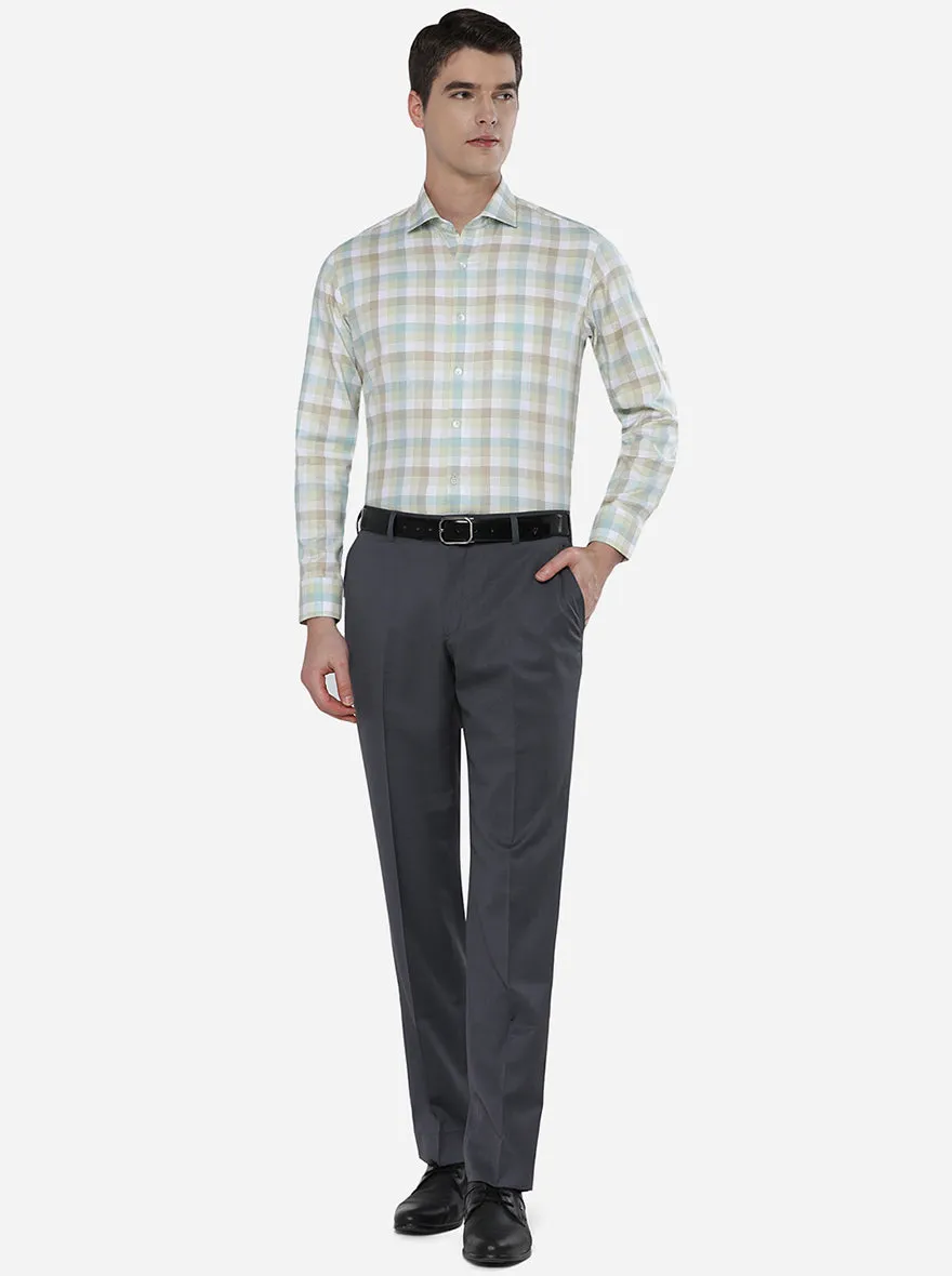 Beige & Green Checked Slim Fit Formal Shirt | JadeBlue