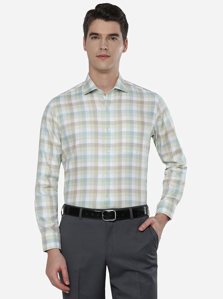 Beige & Green Checked Slim Fit Formal Shirt | JadeBlue