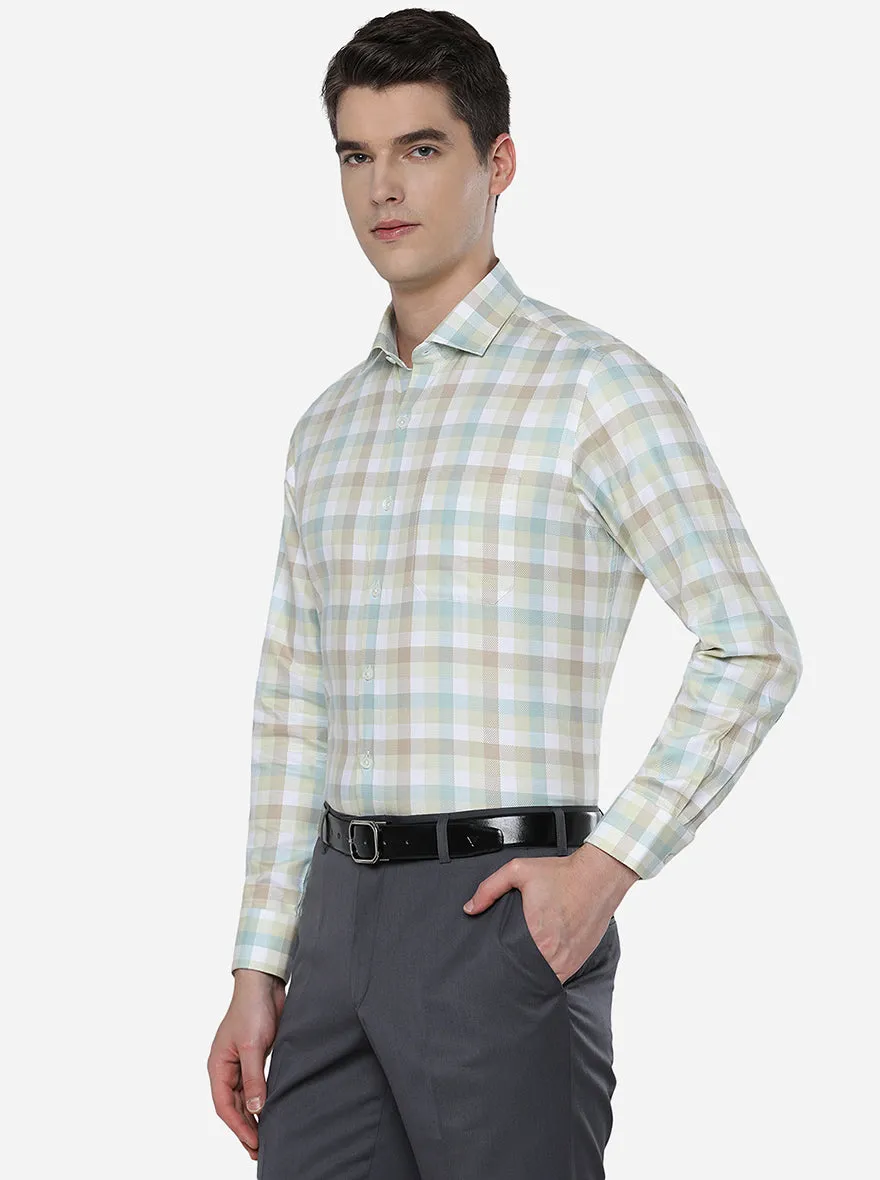 Beige & Green Checked Slim Fit Formal Shirt | JadeBlue