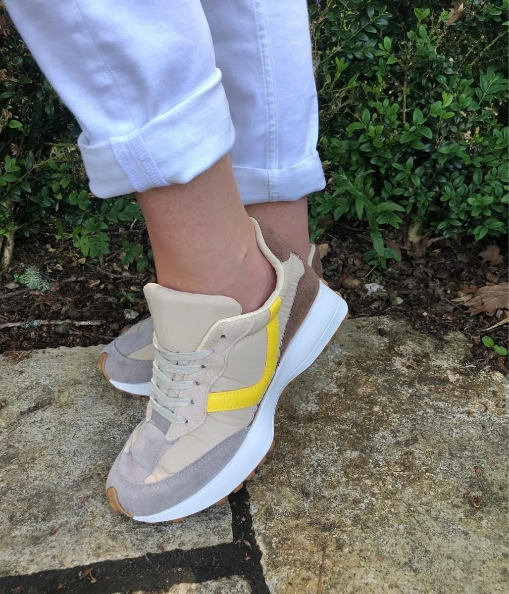 Beige & Yellow Trim Trainers