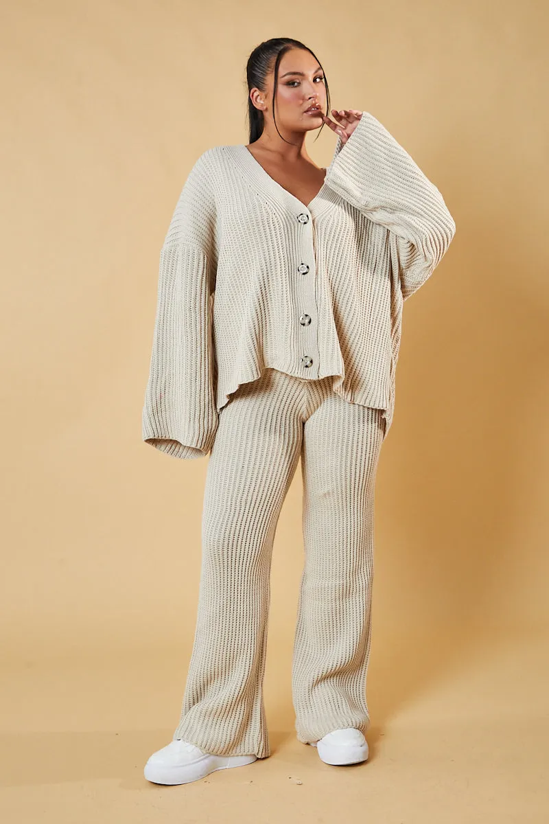 Beige Knit Button Up Top & Flared Leg Trouser Co-ord Set - Ellan