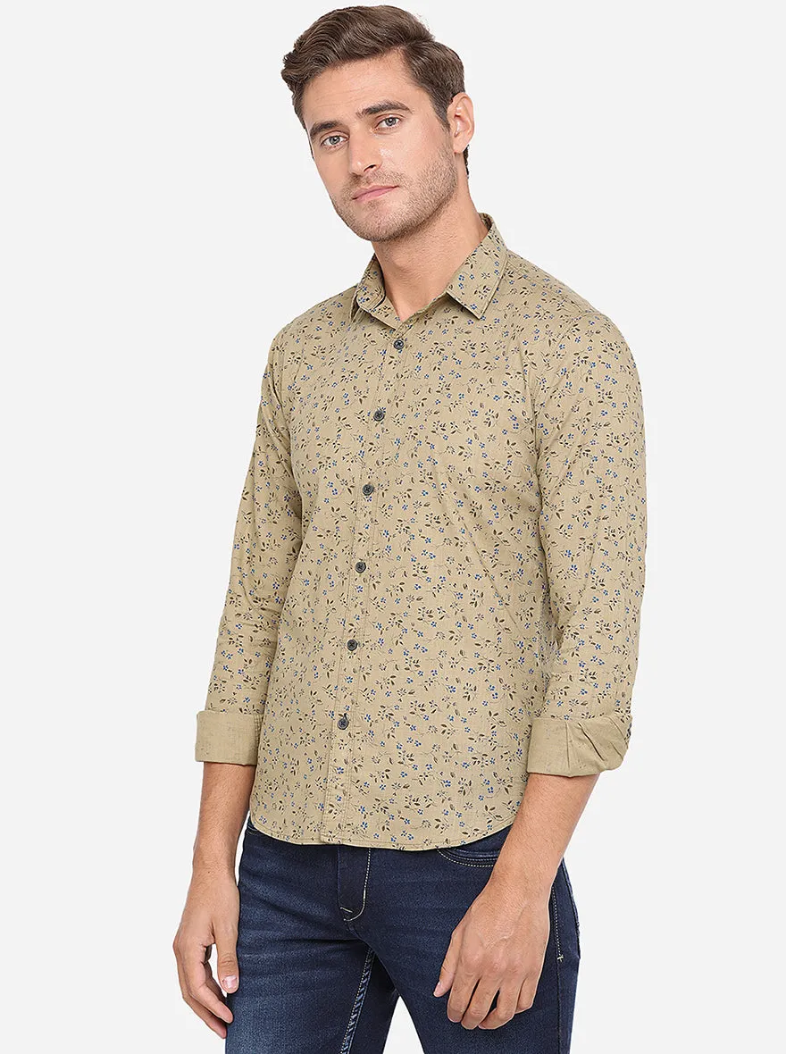 Beige Printed Slim Fit Casual Shirt | Greenfibre