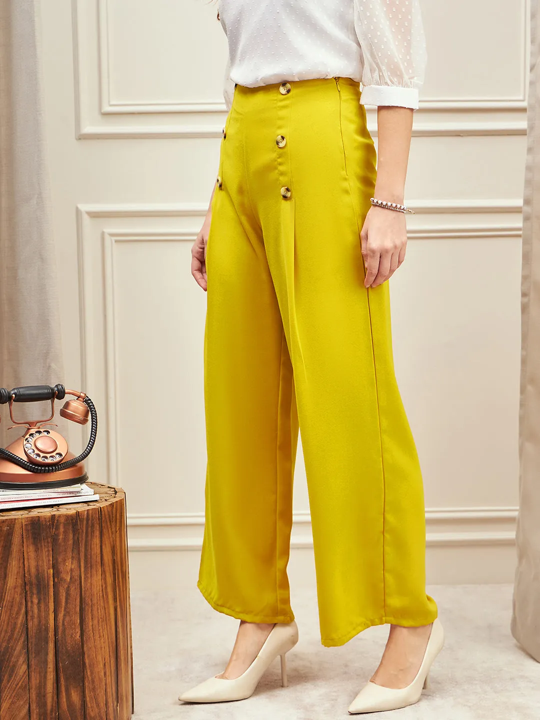 Berrylush BIZwear Women Solid Yellow High-Rise Waist Button Detail Wide Leg Pleated Regular Pants