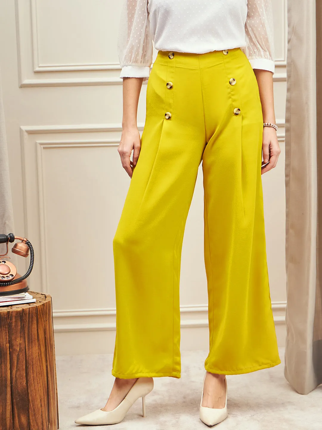 Berrylush BIZwear Women Solid Yellow High-Rise Waist Button Detail Wide Leg Pleated Regular Pants