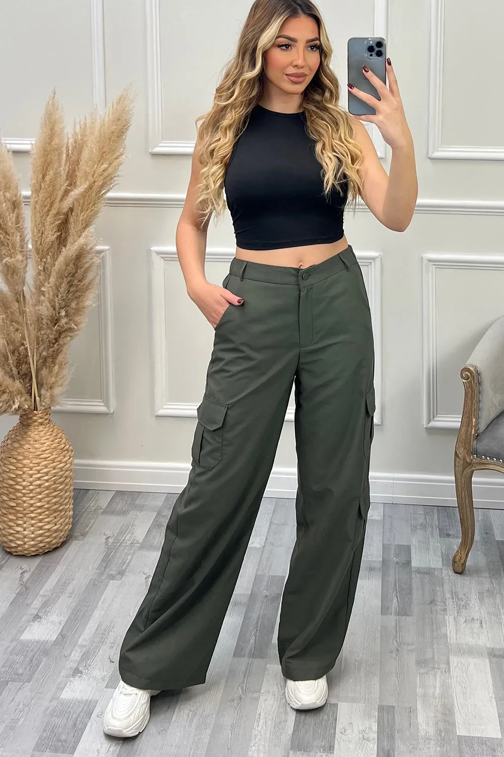 Bianca Khaki Pocket Detail Wide Leg Cargo Trousers