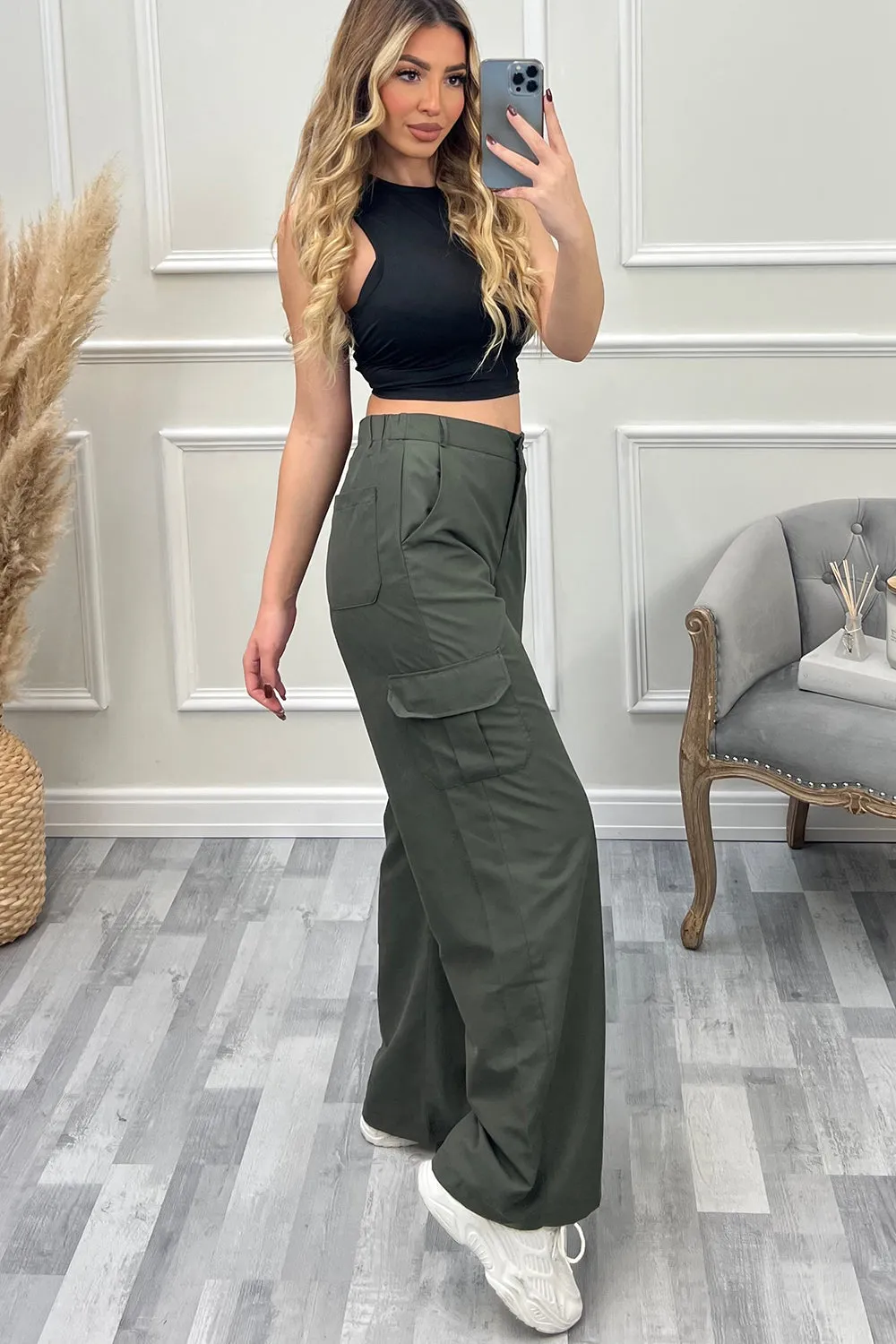 Bianca Khaki Pocket Detail Wide Leg Cargo Trousers