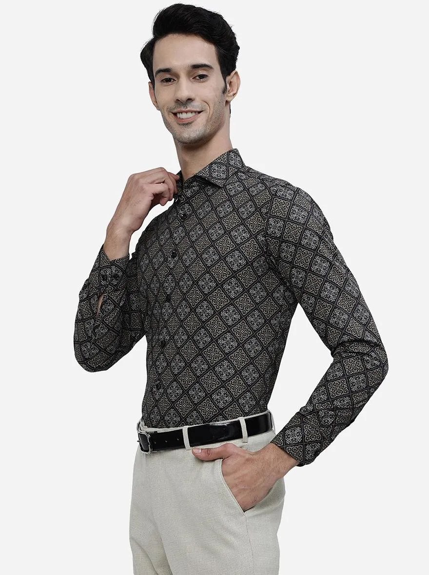 Black & Brown Printed Slim Fit Party Wear Shirt | JB Studio