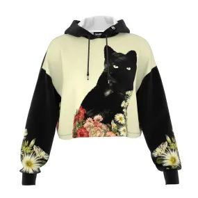 Black Cat Vintage Flowers Cropped Hoodie