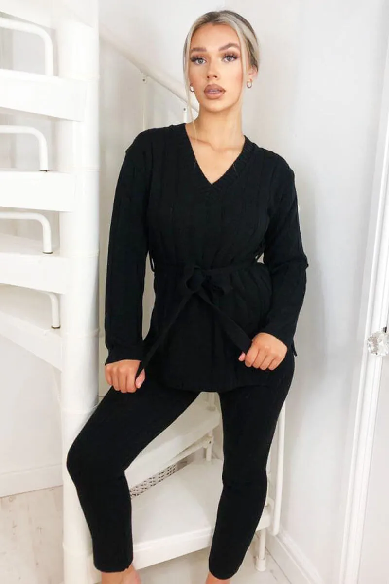 Black Chunky Knit Tie Waist Lounge Suit