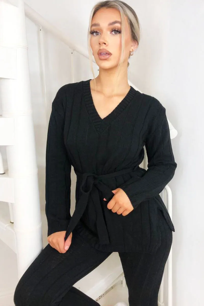 Black Chunky Knit Tie Waist Lounge Suit