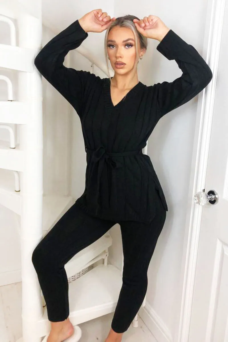 Black Chunky Knit Tie Waist Lounge Suit