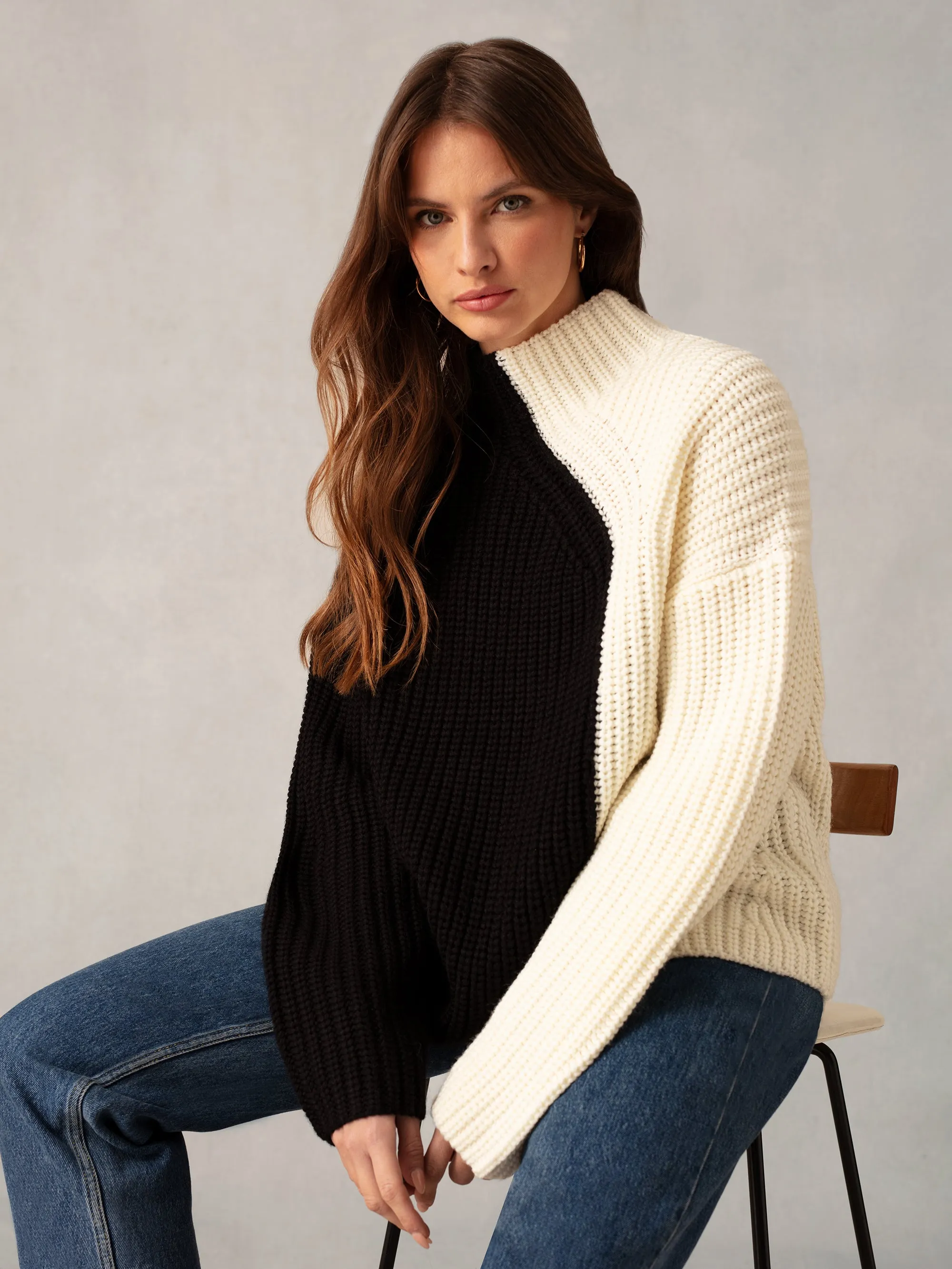 Black Two Tone Oversized Turtleneck Jumper