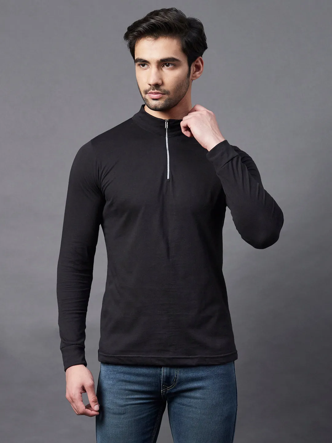 Black Zip Neck Full Sleeve Cotton T-Shirt