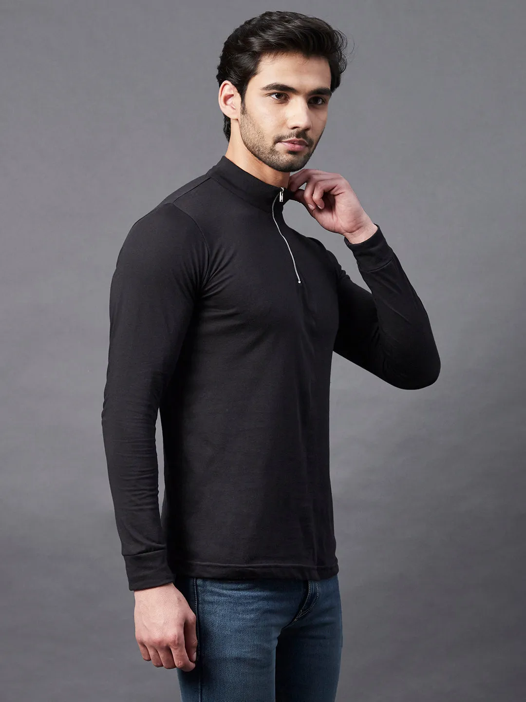 Black Zip Neck Full Sleeve Cotton T-Shirt