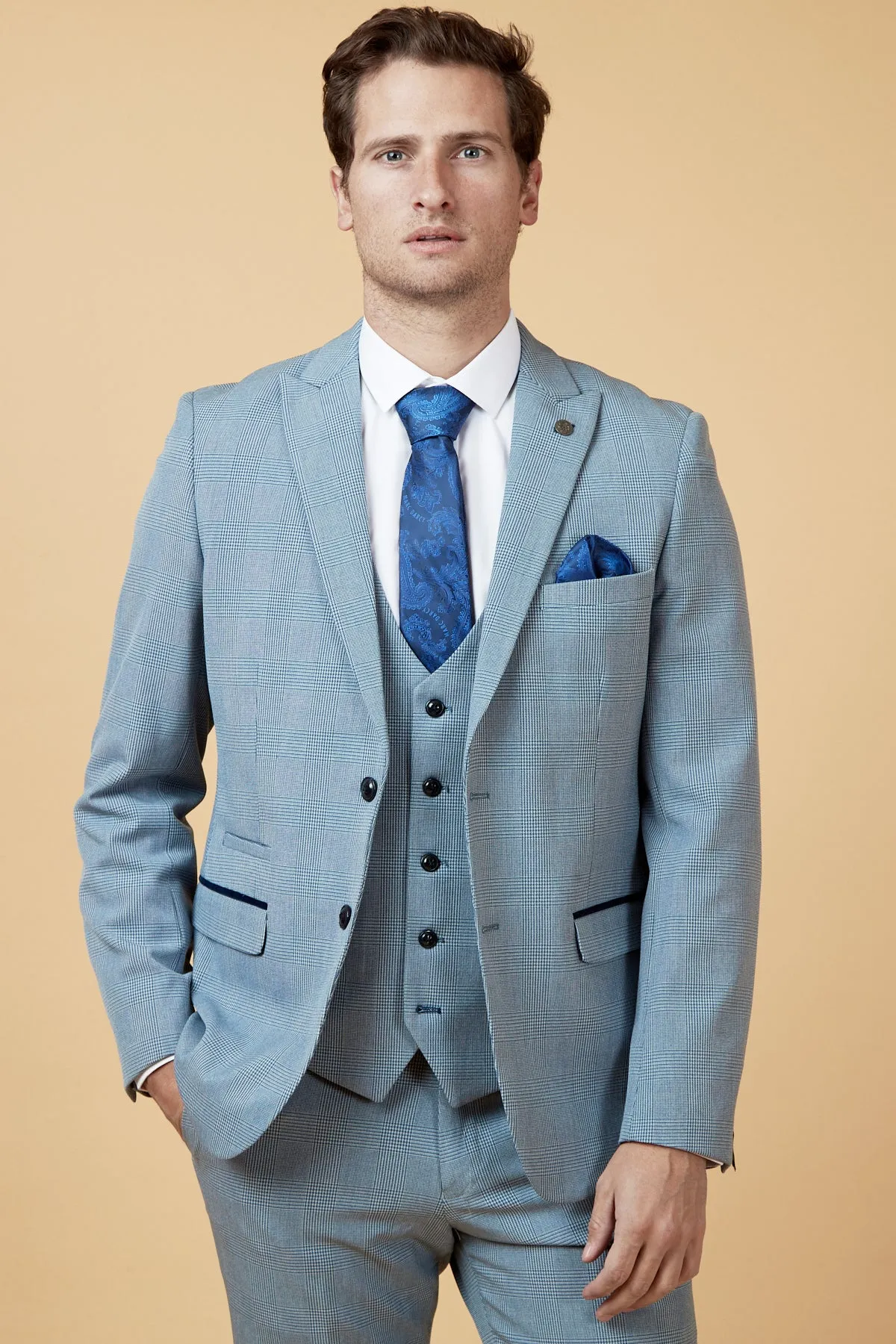 BROMLEY - Sky Blue Check Three Piece Suit