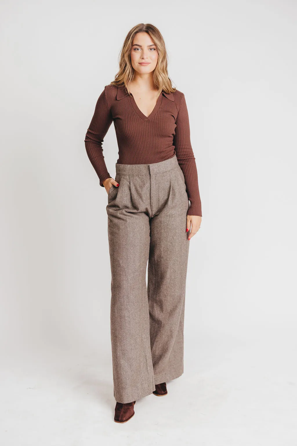 Cambri Herringbone Wide-Leg Trouser in Brown