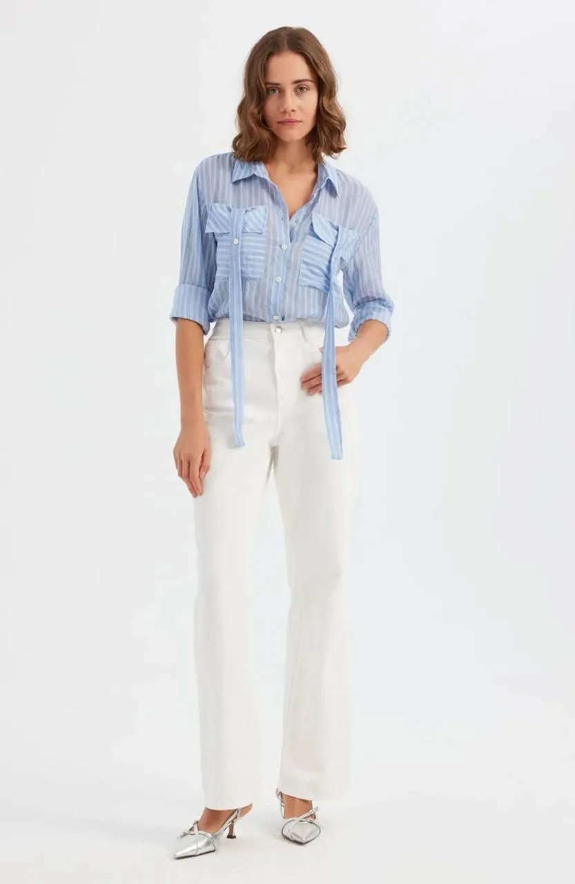 Cotton Stripe Crop Shirt - Light Blue