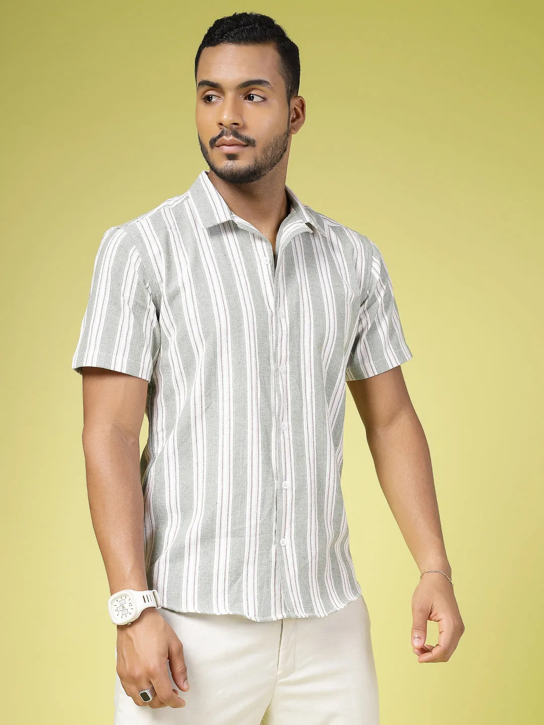 Cotton Striped Cuban Collar Shirt