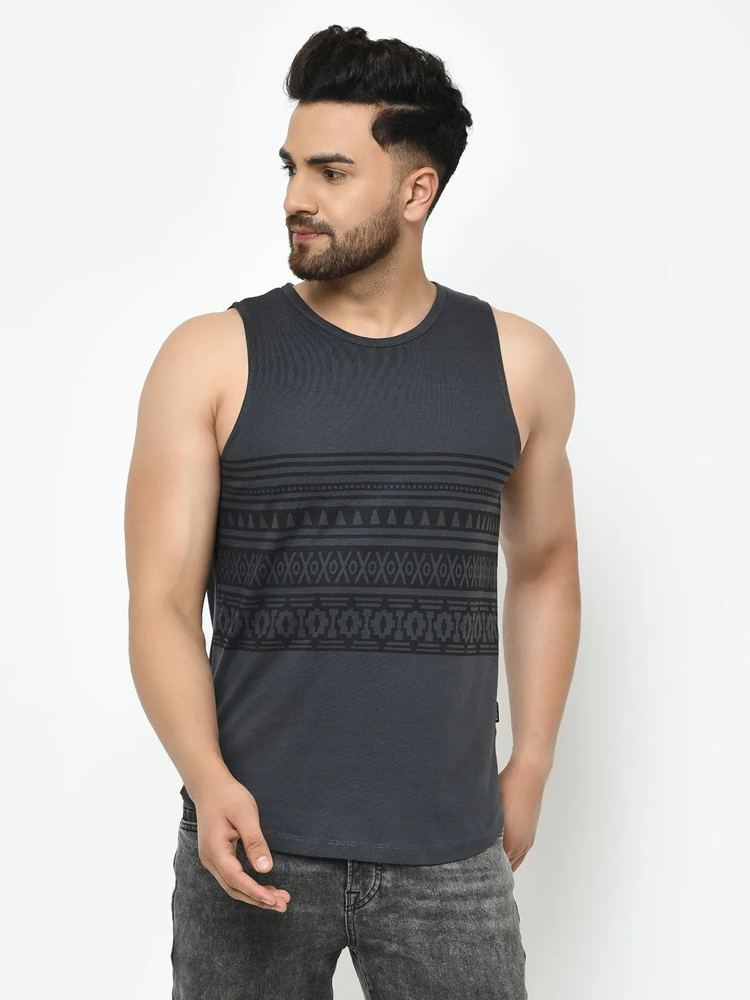 Dark Grey Placement Print With Curved Bottom Sleeveless T-Shirt Vest