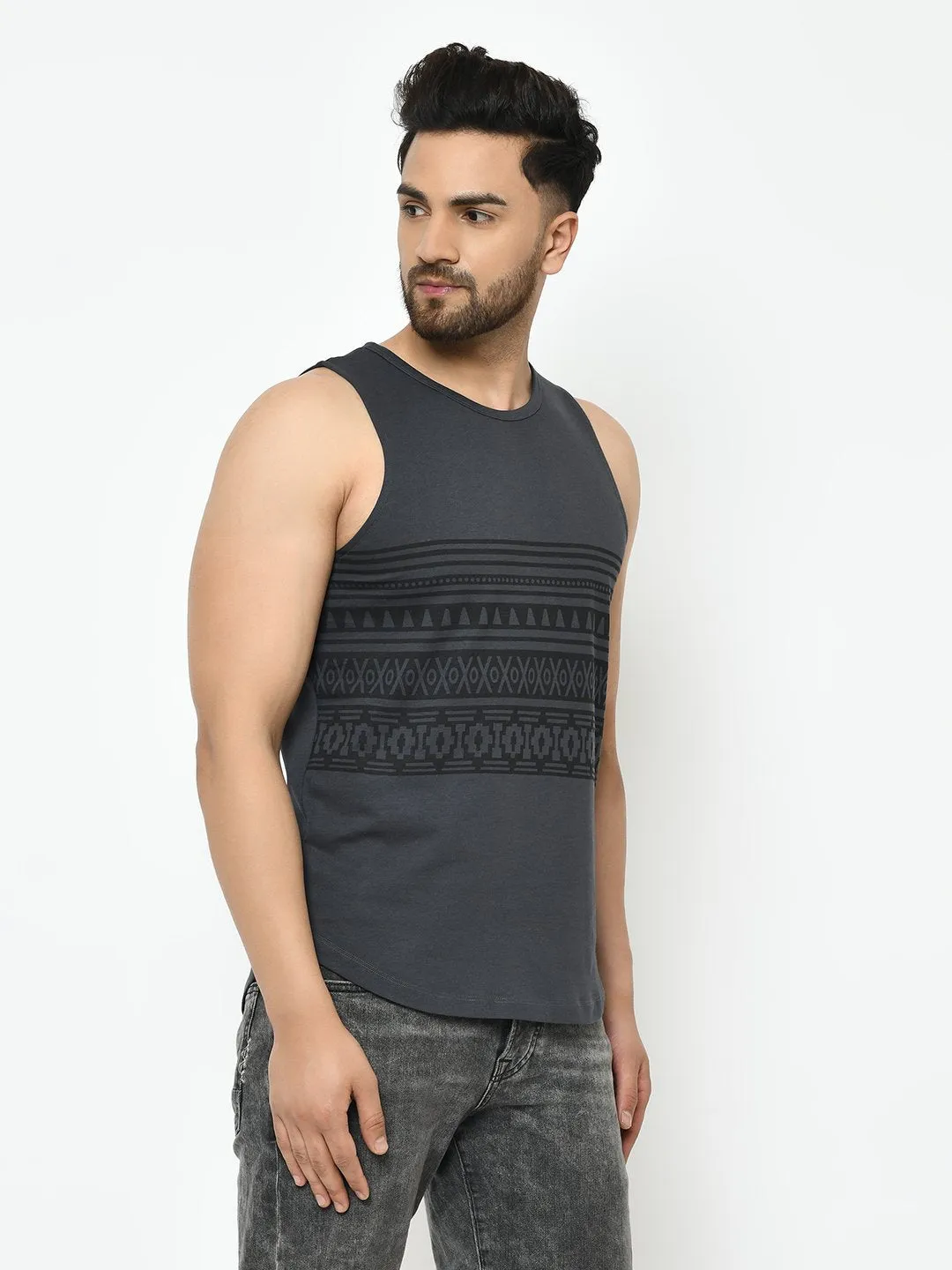 Dark Grey Placement Print With Curved Bottom Sleeveless T-Shirt Vest