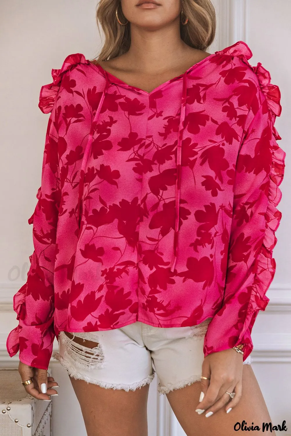 Deanwangkt - Floral blouse with pink ruffles