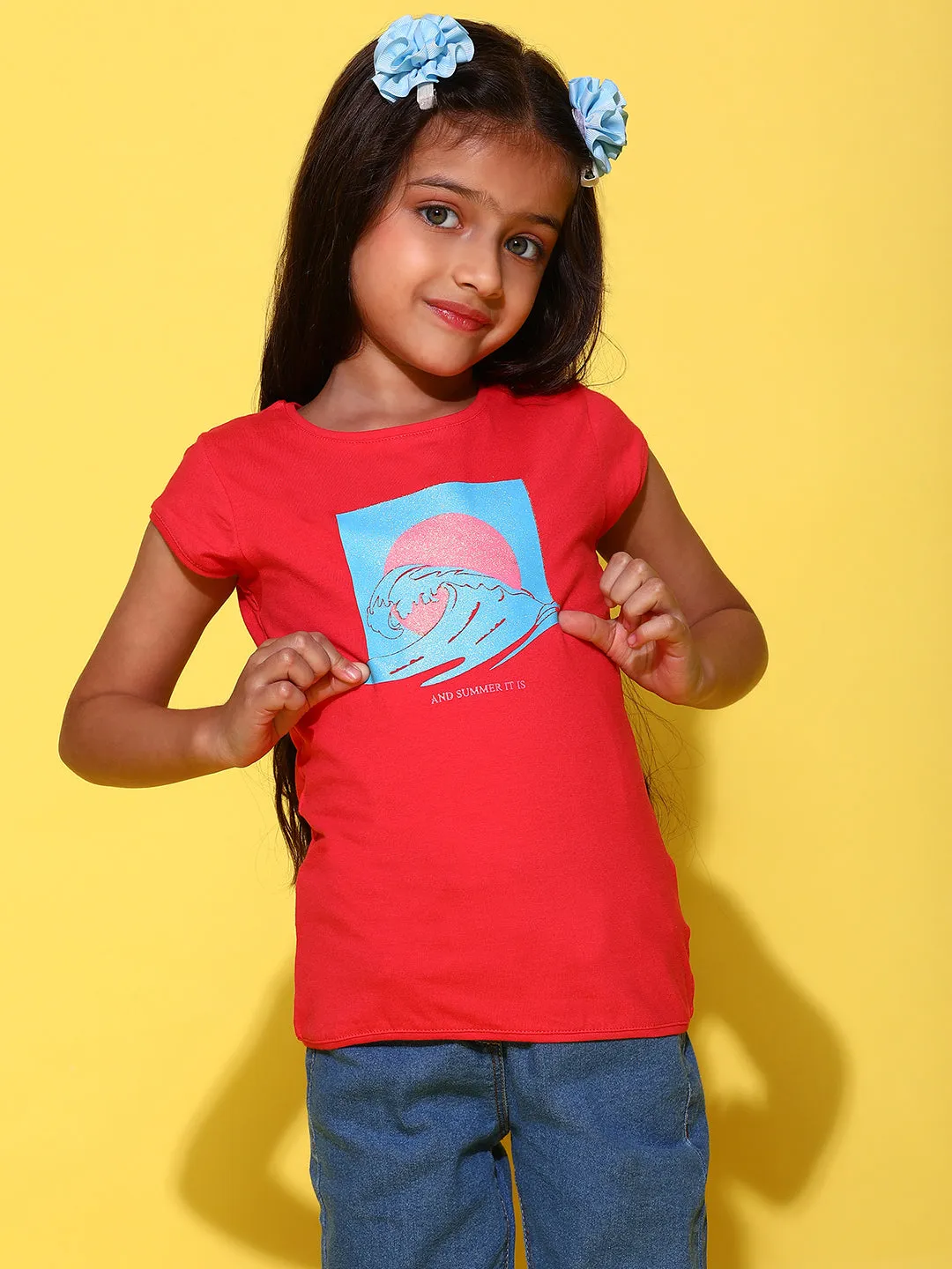 Girls Printed Dark Pink Cotton Regular Fit T-Shirts