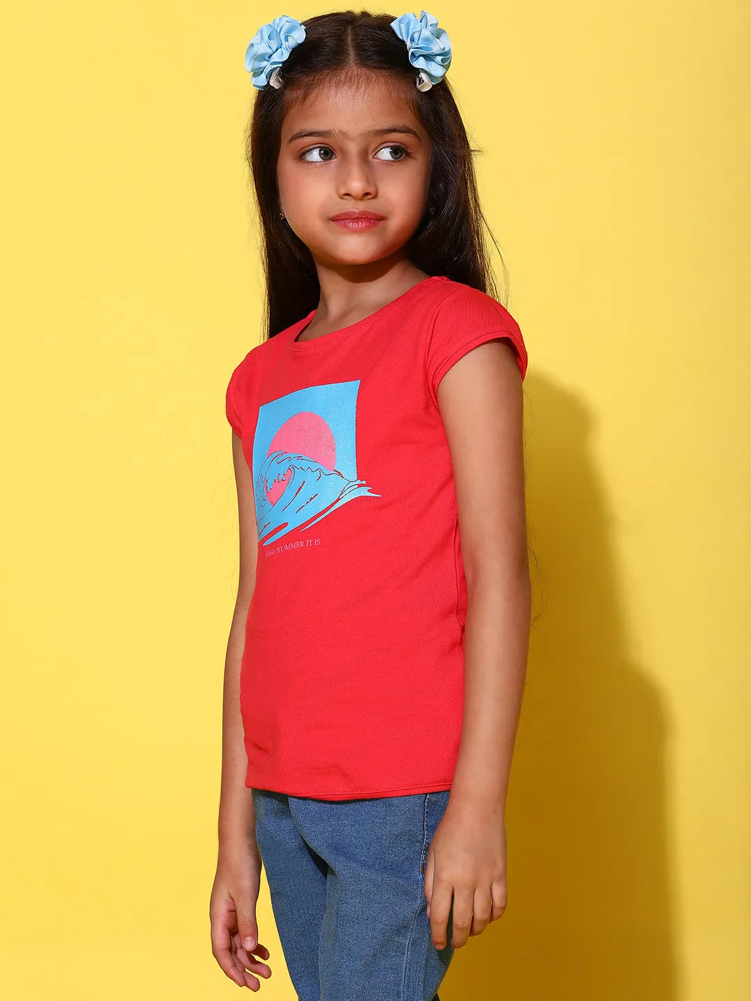 Girls Printed Dark Pink Cotton Regular Fit T-Shirts