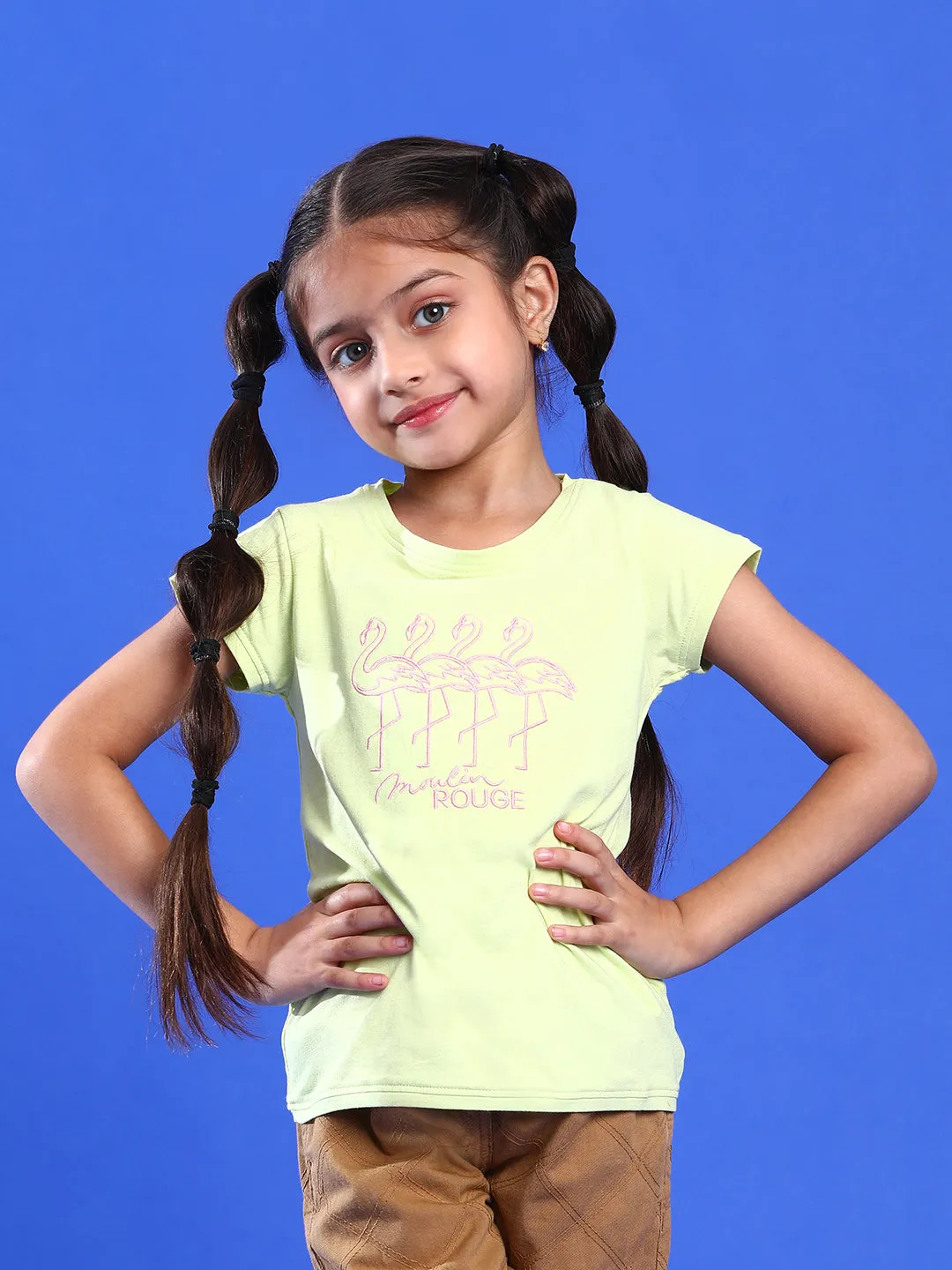 Girls Printed Lime Cotton Regular Fit T-Shirts