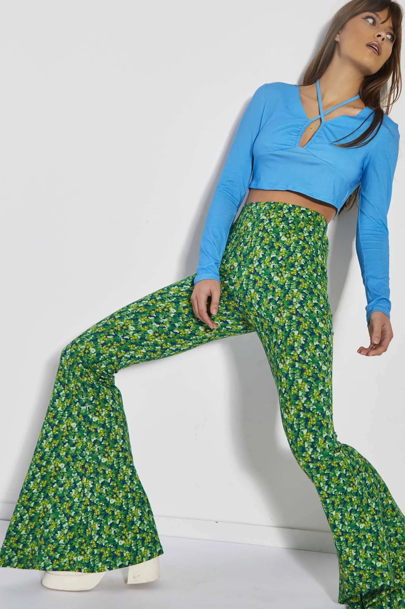 Glamorous Care Lime Blue Floral Skinny Fit Flared Trousers