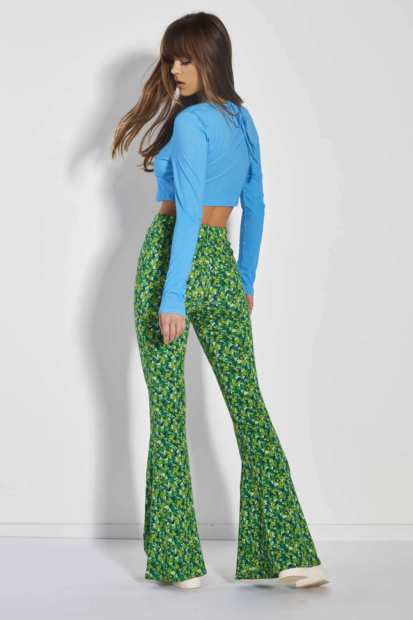 Glamorous Care Lime Blue Floral Skinny Fit Flared Trousers