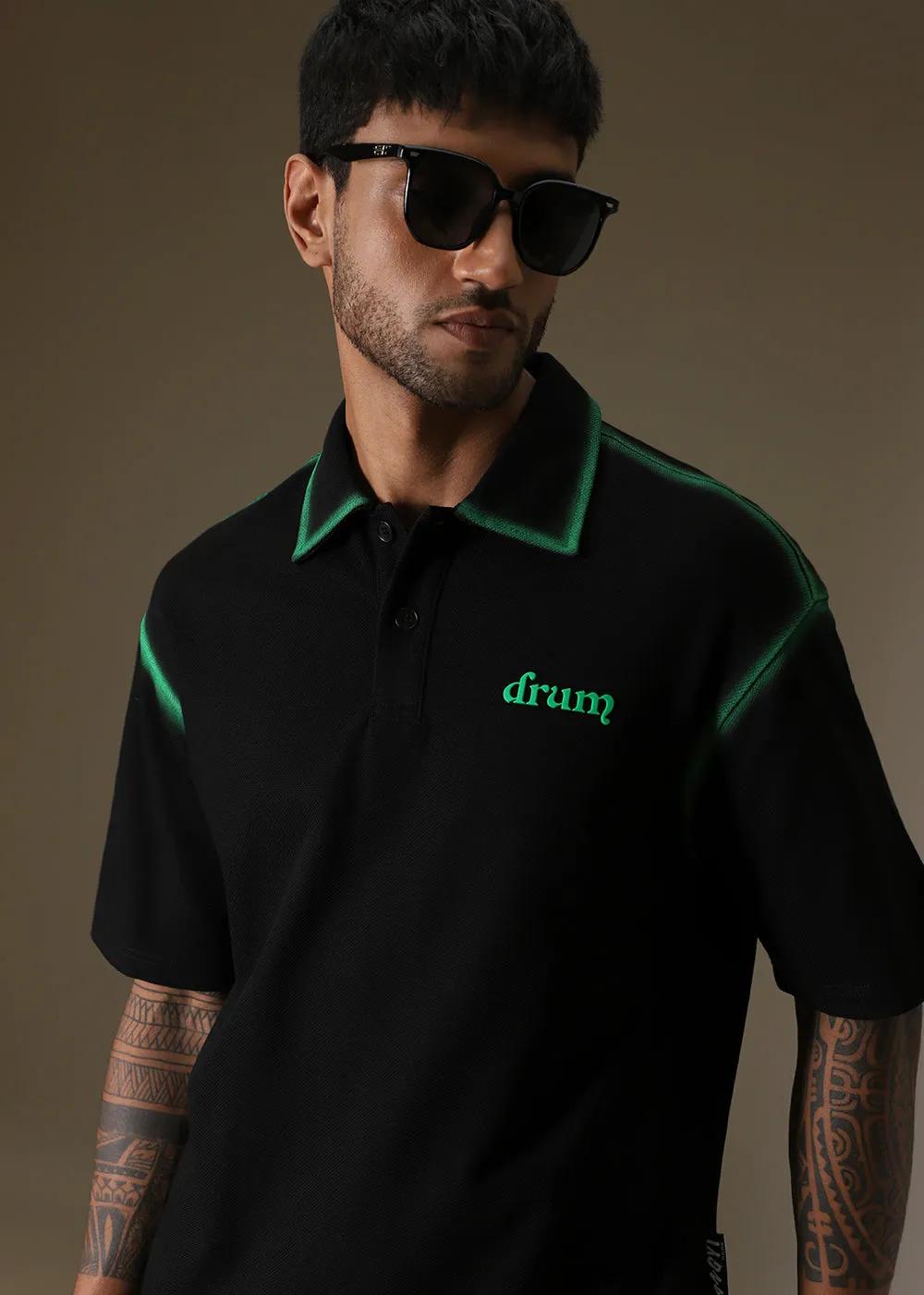 Gradient Green Drop Shoulder Polo T-shirt