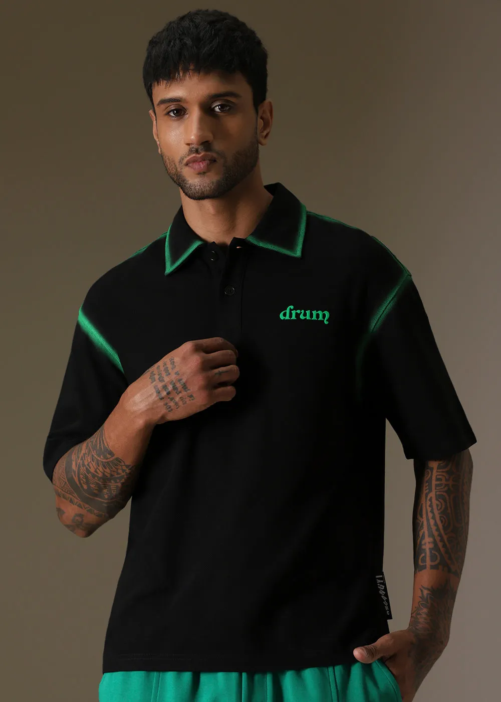 Gradient Green Drop Shoulder Polo T-shirt