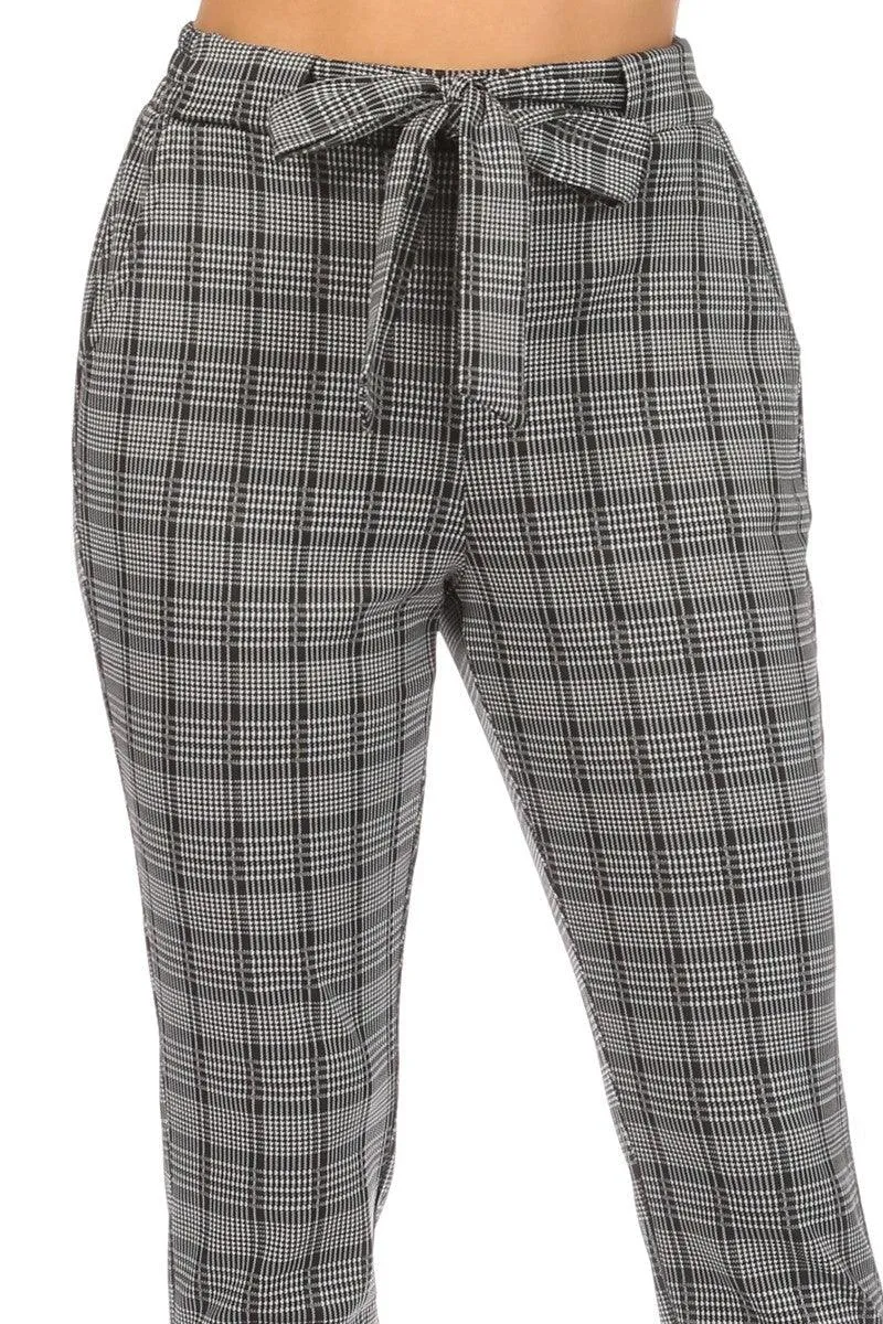 High Waist Slim Fit Pants With Waist Tie & Pockets - White & Black Plaid