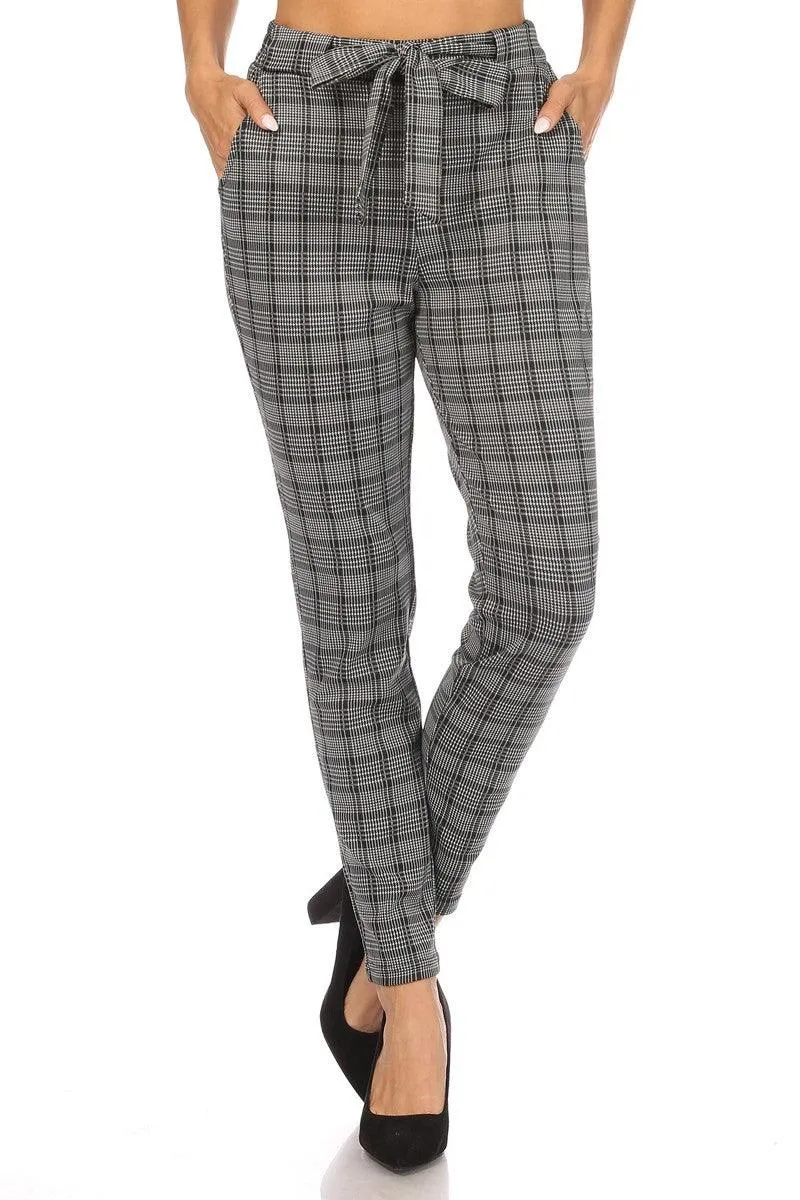 High Waist Slim Fit Pants With Waist Tie & Pockets - White & Black Plaid