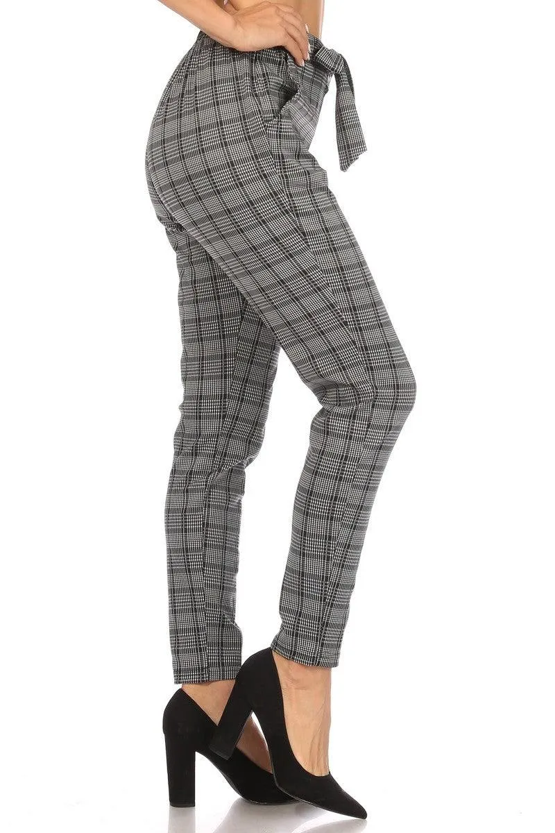 High Waist Slim Fit Pants With Waist Tie & Pockets - White & Black Plaid