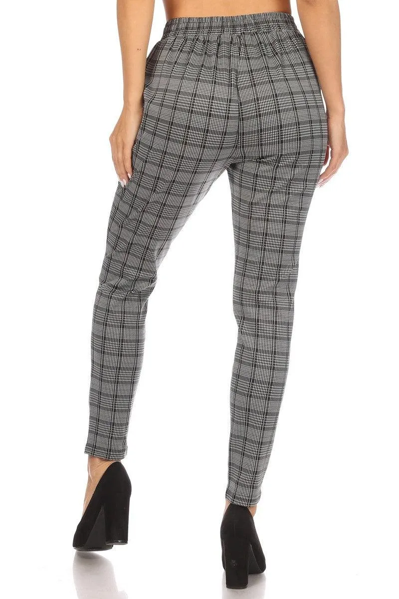 High Waist Slim Fit Pants With Waist Tie & Pockets - White & Black Plaid