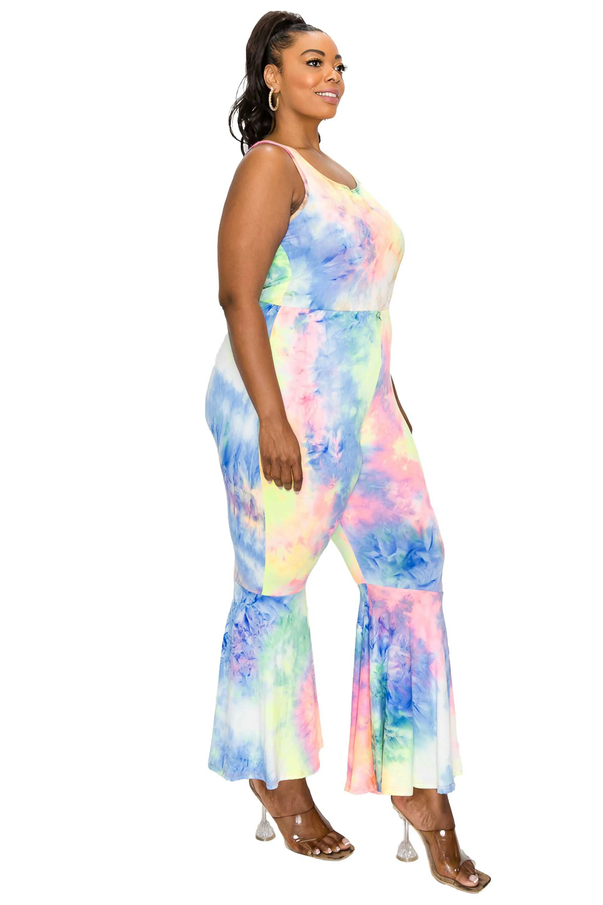 Kelse Tie Dye Bodycon Flare Leg Jumpsuit