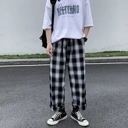 Men Casual Pants Plaid Ankle Length Loose Wide Leg All-match Elastic Waist Fashion Trousers Streetwear Harajuku Korean Retro Ins