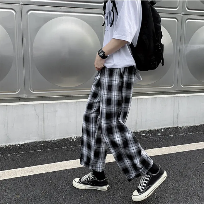 Men Casual Pants Plaid Ankle Length Loose Wide Leg All-match Elastic Waist Fashion Trousers Streetwear Harajuku Korean Retro Ins