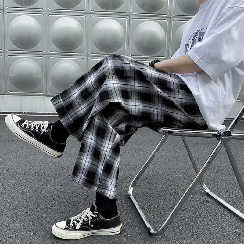 Men Casual Pants Plaid Ankle Length Loose Wide Leg All-match Elastic Waist Fashion Trousers Streetwear Harajuku Korean Retro Ins