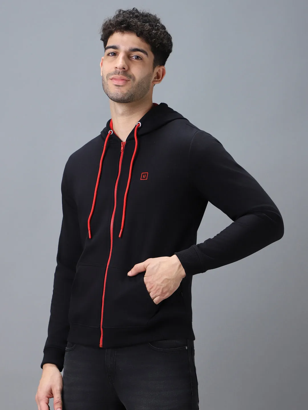 Men's Black, Red Cotton Zippered Hooded Sweatshirt