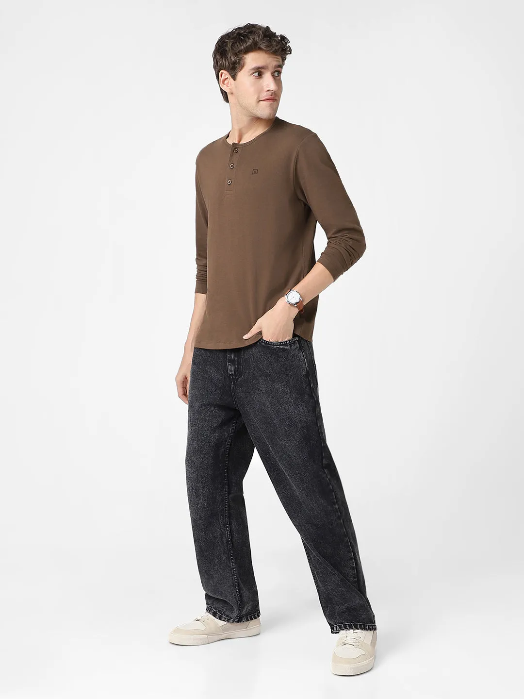 Men's Cocoa Brown Solid Henley Neck Slim Fit Full Sleeve Cotton T-Shirt