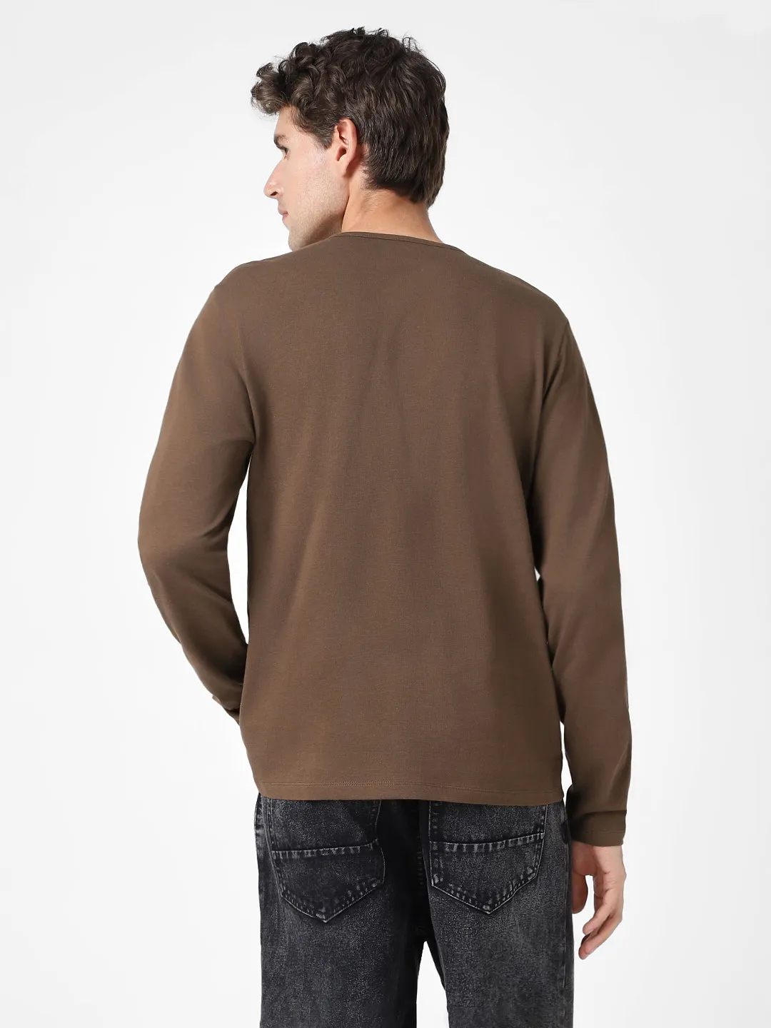 Men's Cocoa Brown Solid Henley Neck Slim Fit Full Sleeve Cotton T-Shirt